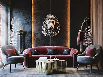 Light Luxury Living Room Sofa Coffee Table Wall Decoration Lion Head Ornaments Sofa Chair Book Wine Glass Light Luxury 3d model