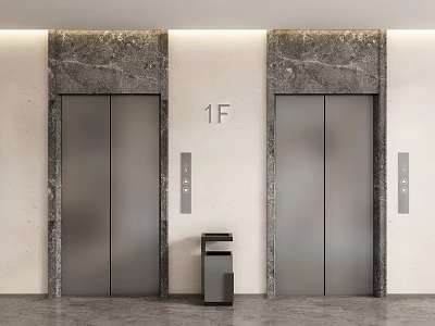Modern Elevator Lobby With Marble Door Frames And 1F Signage 3d model