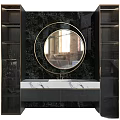 Modern Washbasin Vanity With Round Mirror Marble Countertop And Black Gold Accents