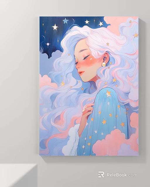 Dreamy Pastel Pink White Haired Girl Portrait Painting With Star Decorations Blue Pink Cloud Background 3d model 