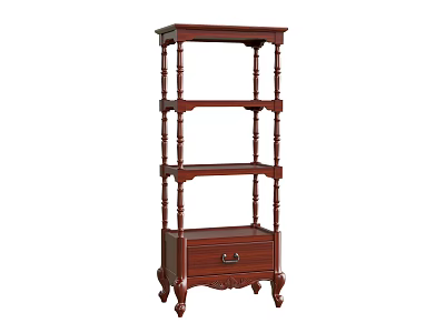 Classic Dark Brown Wooden 4-Tier Shelving Unit with Drawer and Decorative Legs 3d model