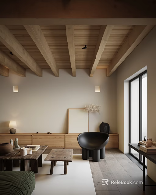 Hotel Room Interior With Wooden Ceiling Beige Walls Black Chair And Wooden Coffee Table 3d model 