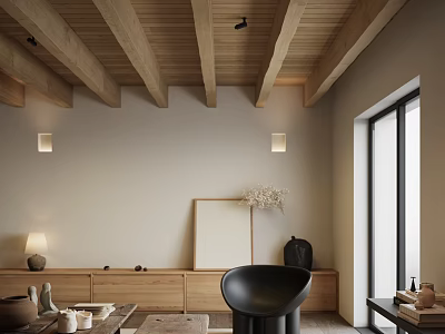 Hotel Room Interior With Wooden Ceiling Beige Walls Black Chair And Wooden Coffee Table 3d model