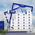 Commercial Equipment For Milk Product Display With Stacked Cartons Cow Model And Blue Frame