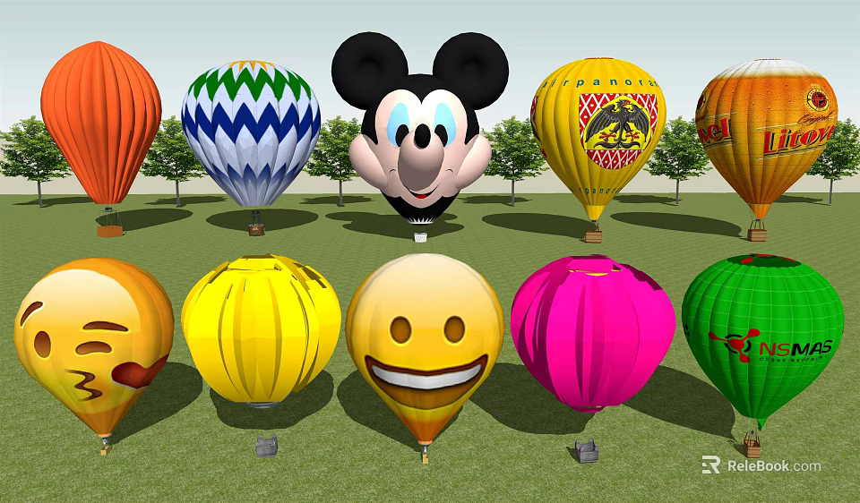 Vibrant Cartoon Shaped Hot Air Balloons With Mickey Head And Smiley Faces For Fun Rides 3d model 