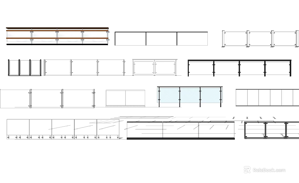 Various Fence Design Sketches Featuring Different Structural Types And Materials 3d model