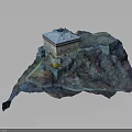 Square Building Model On Undulating Terrain With Blue Roof And Light Exterior