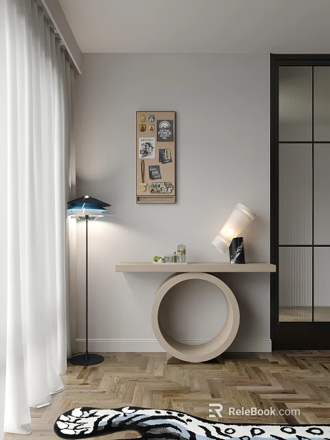 Modern Entryway Console Table With Corkboard Floor Lamp And Decorative Items 3d model