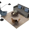 Gray Sofa Coffee Table Set With Patterned Pillows Blue Brown Chairs Floor Lamp And Rug 3d model