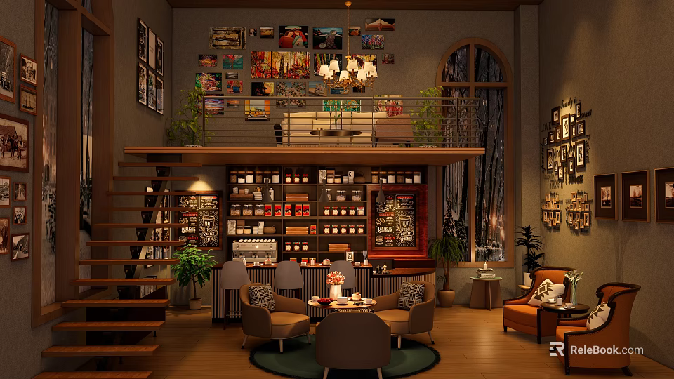Cozy Cafe Interior With Wooden Staircase Bookshelves Chandelier Green Plants Sofas And Decorative Paintings 3d model 