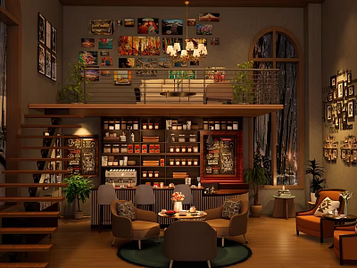 Cozy Cafe Interior With Wooden Staircase Bookshelves Chandelier Green Plants Sofas And Decorative Paintings 3d model