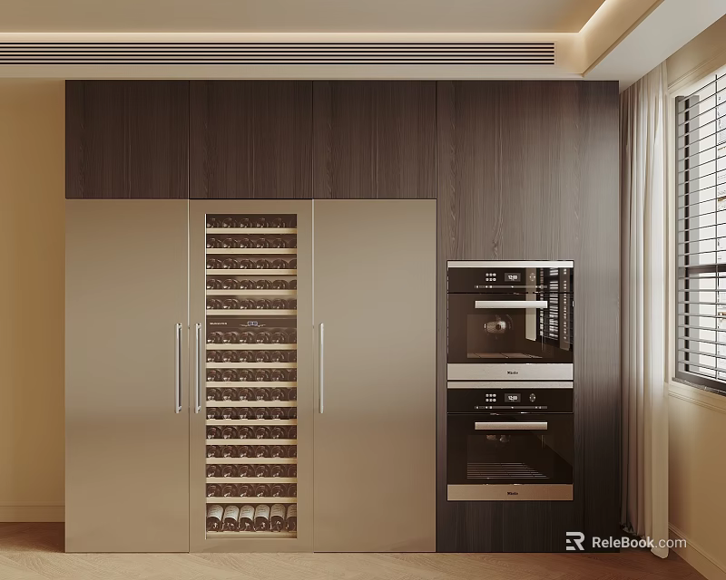 Modern Dark Wood Wine Cabinet With Metal Panel Glass Door Rack And Built in Appliances 3d model 