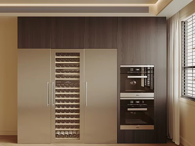 Modern Dark Wood Wine Cabinet With Metal Panel Glass Door Rack And Built in Appliances 3d model