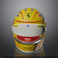 Yellow Race Car Helmet With Red Stripes Ferrari Logo And Sponsor Brands