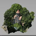 Ancient Church with Red Spire Surrounded by Lush Green Vegetation on Rocky Hillside