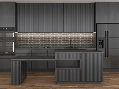Modern Kitchen With Dark Gray Cabinets Island Tile Backsplash And Stainless Steel Appliances Wooden Flooring 3d model