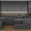 Modern Kitchen With Dark Gray Cabinets Island Tile Backsplash And Stainless Steel Appliances Wooden Flooring