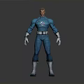 Superhero Male Figure in Blue Uniform with Four Symbol Standing Pose White Belt Gloves Boots