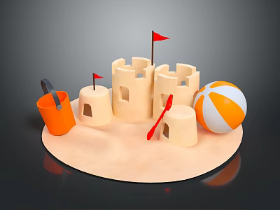 Colorful Beach Sandcastle Scene With Red Flags Orange Bucket Shovel And Beach Ball 3d model