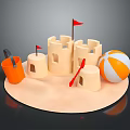 Colorful Beach Sandcastle Scene With Red Flags Orange Bucket Shovel And Beach Ball