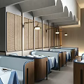 Restaurant Interior With Wooden Partitions Blue Seats Dining Tables With Blue Tablecloths And Pendant Lights