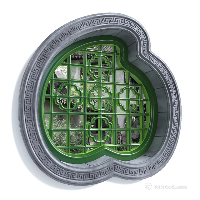 Traditional Chinese Carved Lattice Window With Green Frame And Garden View 3d model 