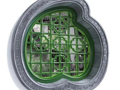 Traditional Chinese Carved Lattice Window With Green Frame And Garden View 3d model