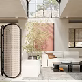 Modern Minimalist Living and Dining Area With Large Windows Sofa Coffee Table and Green Plant