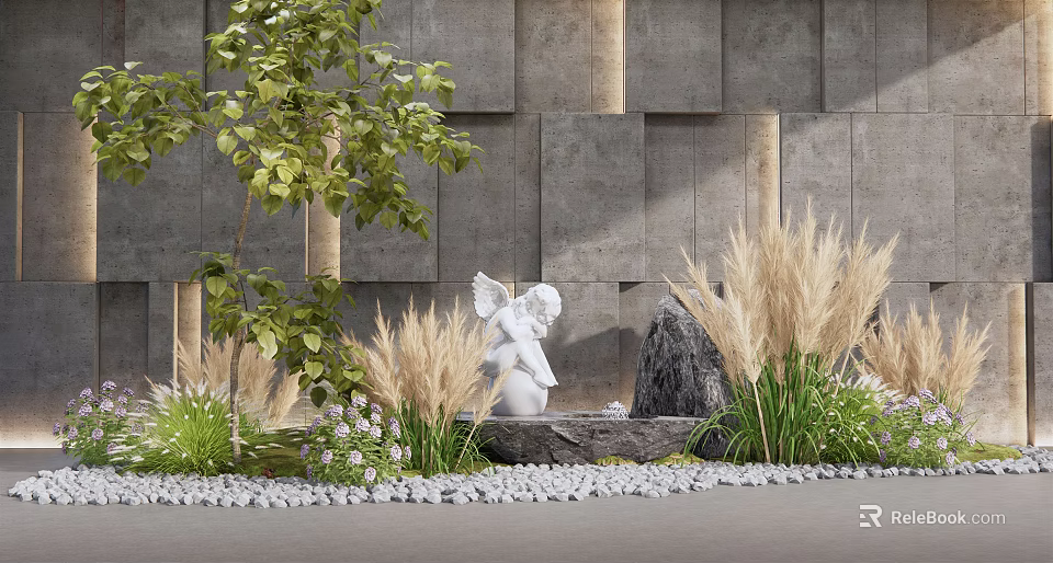 Garden Stone Feature Wall With Angel Statue Fountain Reeds And Pebbles 3d model 