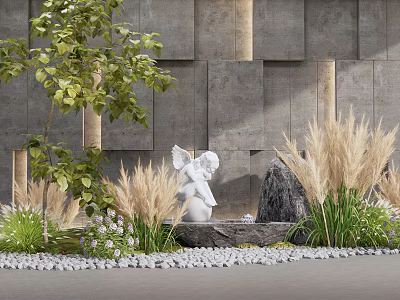 Garden Stone Feature Wall With Angel Statue Fountain Reeds And Pebbles 3d model