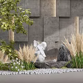 Garden Stone Feature Wall With Angel Statue Fountain Reeds And Pebbles