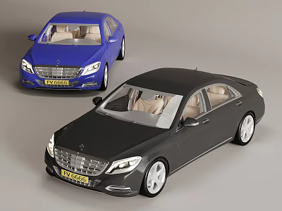 Blue and Black Luxury Sedans with Beige Interior Silver Wheels and Yellow License Plates 3d model