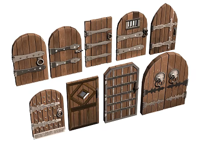 Collection of Various Wooden Doors with Decorative Metal Hardware and Styles 3d model