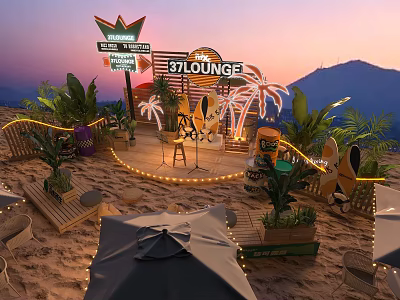 37 LOUNGE Beachfront Outdoor Lounge With Palm Trees Surfboards Cocktails Music And String Lights 3d model