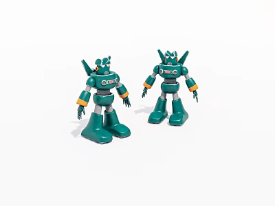 Two Green Robot Toys With Yellow Gray Details And Standing Pose 3d model