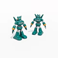 Two Green Robot Toys With Yellow Gray Details And Standing Pose
