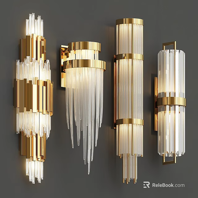 Modern Elegant Wall Lamps With Brass Frame And Crystal Glass Pendants 3d model 