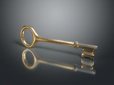Shiny Metallic Golden Key Isolated on Smooth Black Surface With Reflection 3d model