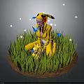 Person in Pikachu Costume with Small Pikachu Figure on Grass with Butterflies and Glowing Spots