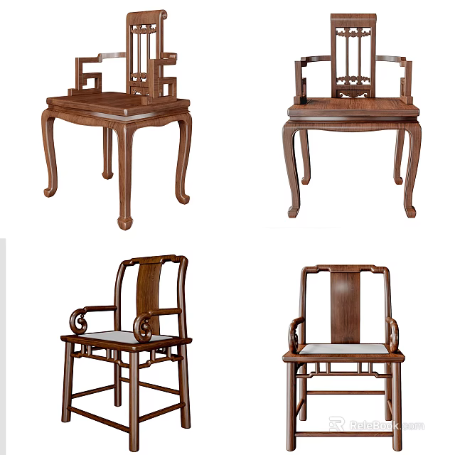 Traditional Chinese Style Wooden Armchairs With Carved Backrest And Armrest Design 3d model 