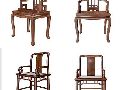 Traditional Chinese Style Wooden Armchairs With Carved Backrest And Armrest Design 3d model