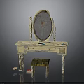 Vintage Distressed Wood Dressing Table With Mirror Drawer And Checkered Stool