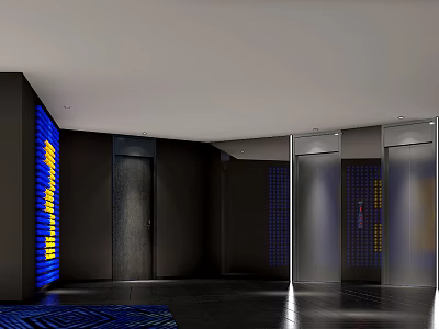 Modern Elevator Hallway With Black Walls Blue Lighting Silver Doors And Blue Carpet 3d model