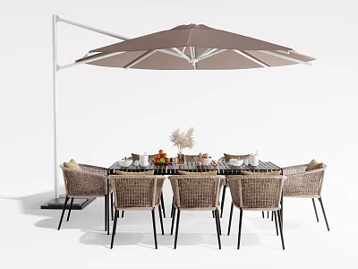 Outdoor Dining Table and Wicker Chairs Set with Large Parasol Tableware Decorative Centerpiece 3d model