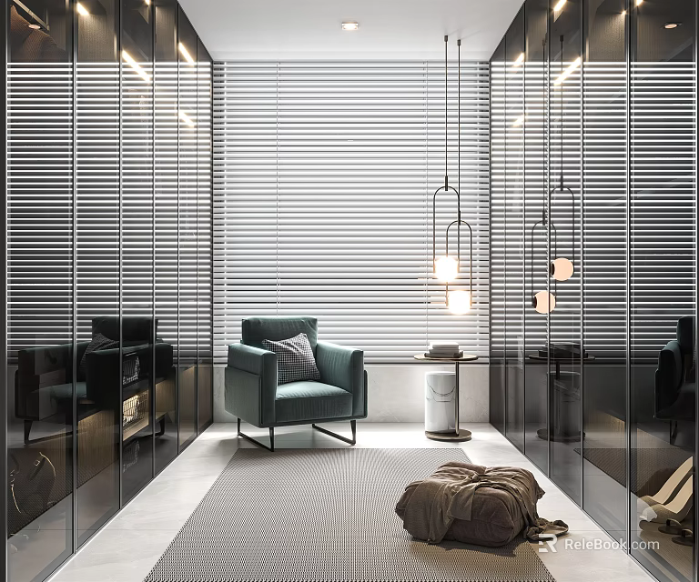 Modern Walk-in Closet Interior Design With Glass Doors Blinds Blue Chair Rug And Pendant Lights 3d model 