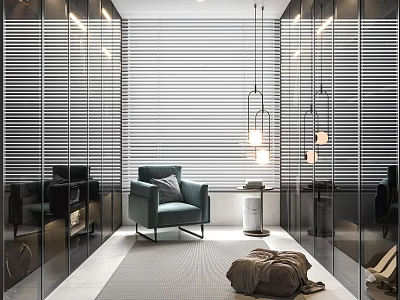 Modern Walk-in Closet Interior Design With Glass Doors Blinds Blue Chair Rug And Pendant Lights 3d model