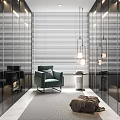 Modern Walk-in Closet Interior Design With Glass Doors Blinds Blue Chair Rug And Pendant Lights