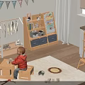 Cozy Living Dining Area Interior With Wooden Floor White Rug High Chair Toys And Bunting Decorations