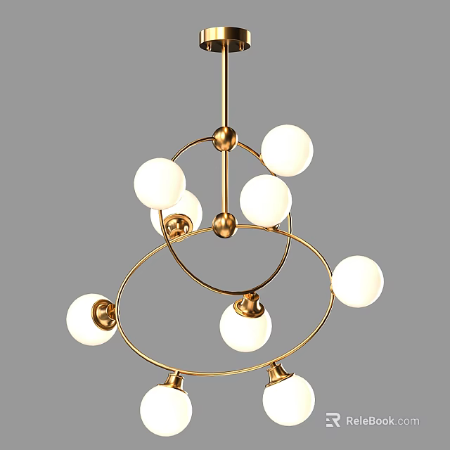 Modern Gold Metal Chandelier With Multiple White Globe Shades And Circular Ring Design 3d model 