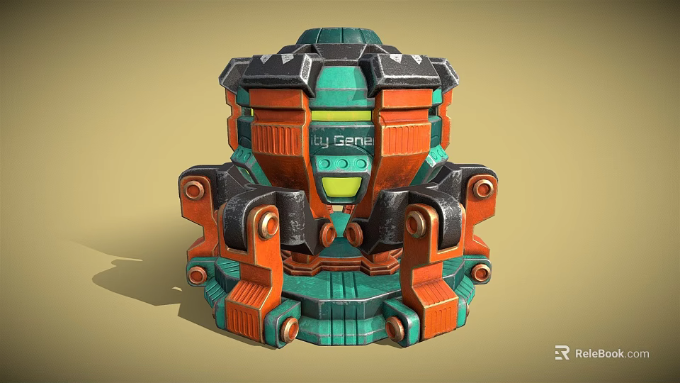 Industrial Mechanical Device With Orange Green Structure And Tech Components 3d model 